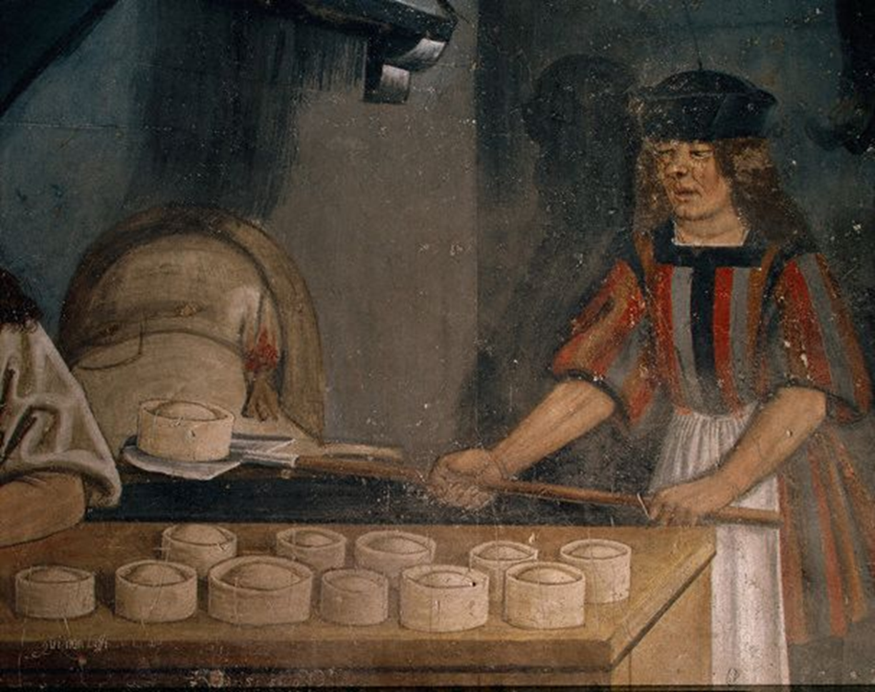 Молоко в древности. Фреска "пекарня в Кастилии ди Иссонье" 15 век Италия. Булочник во Франции 18 век. Средневековая Италия сыроварение. Булочник пекарь на Руси.